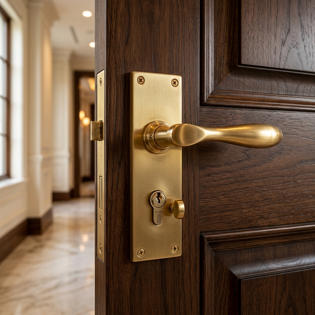 Solid brass handle on a wooden door